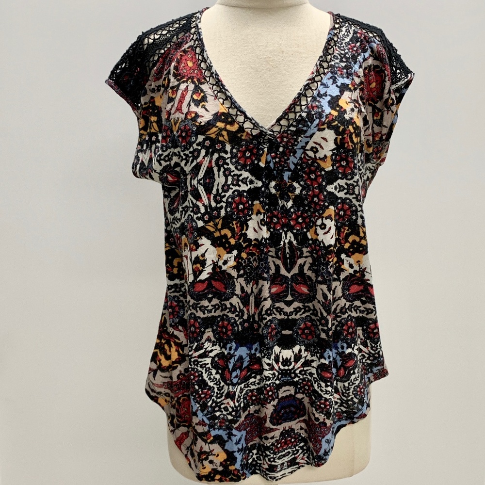 Lucky Brand Short Sleeve Lace Trim Top Blouse